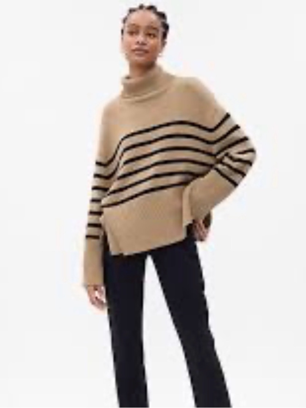 Gap 24/7 Split-Hem Turtleneck Sweater in camel striped sz small